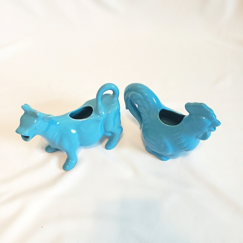 Turquoise Cow and Chicken Creamers